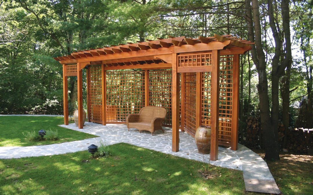 Pergola with privacy lattice no bp11 trellis structures