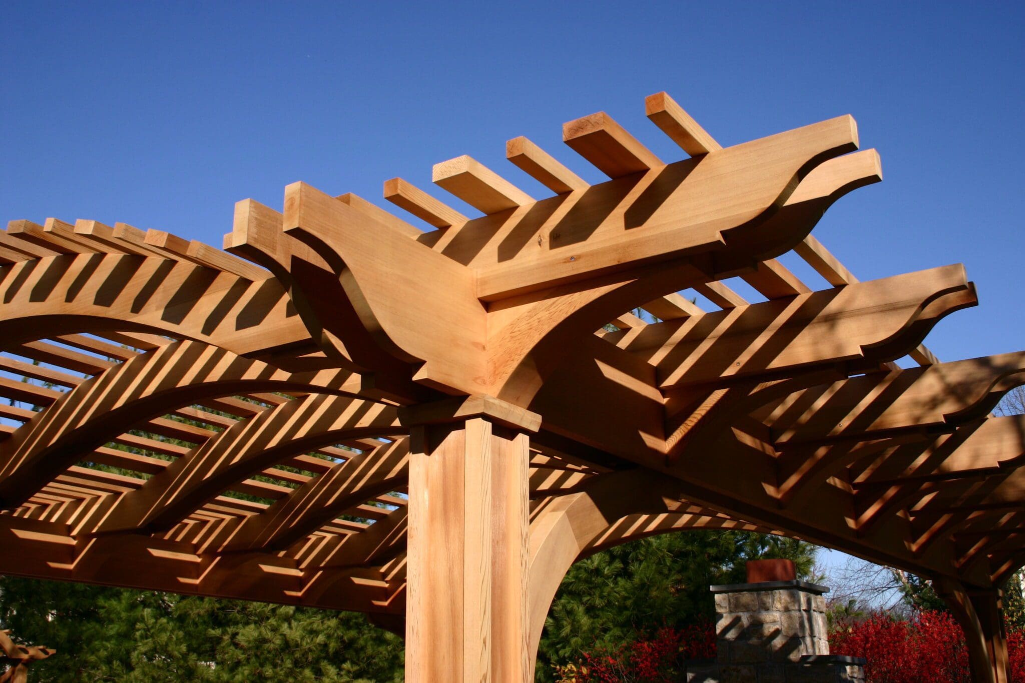 Close-up detail of traditional wood joinery on a Trellis Structures custom garden structure